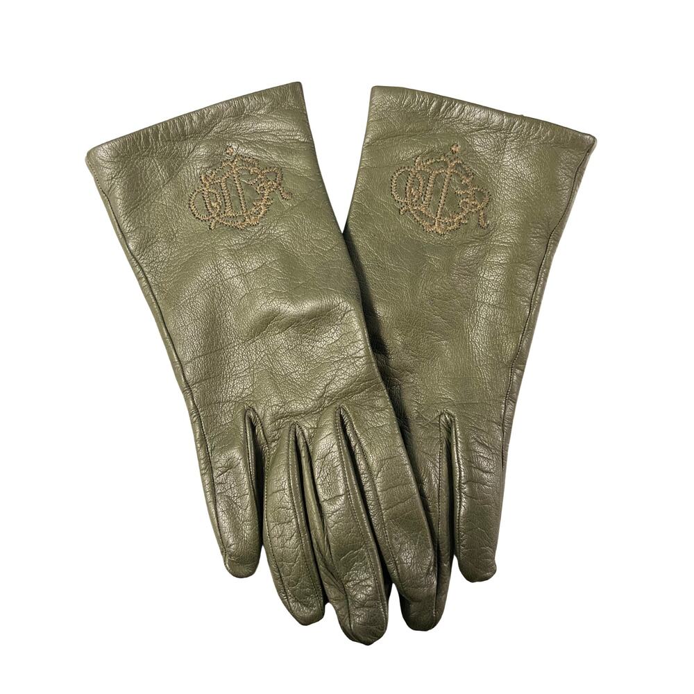 DIOR Vintage Olive Green Lambskin Leather Silk Lined Gloves Vintage Logo - 1960s